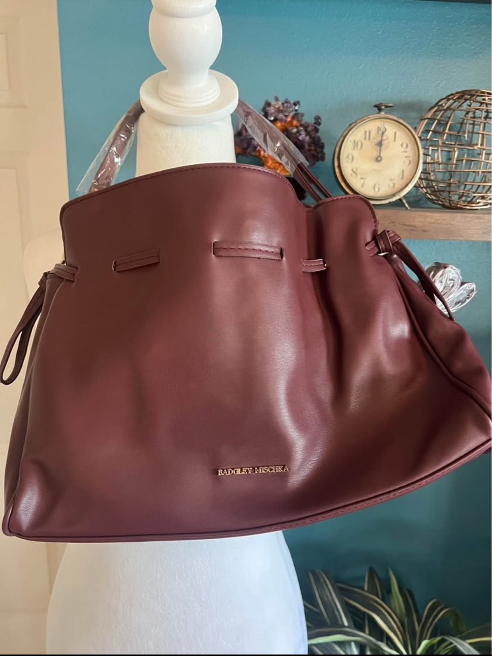 Badgley Mischka Burgundy Drawstring Tote